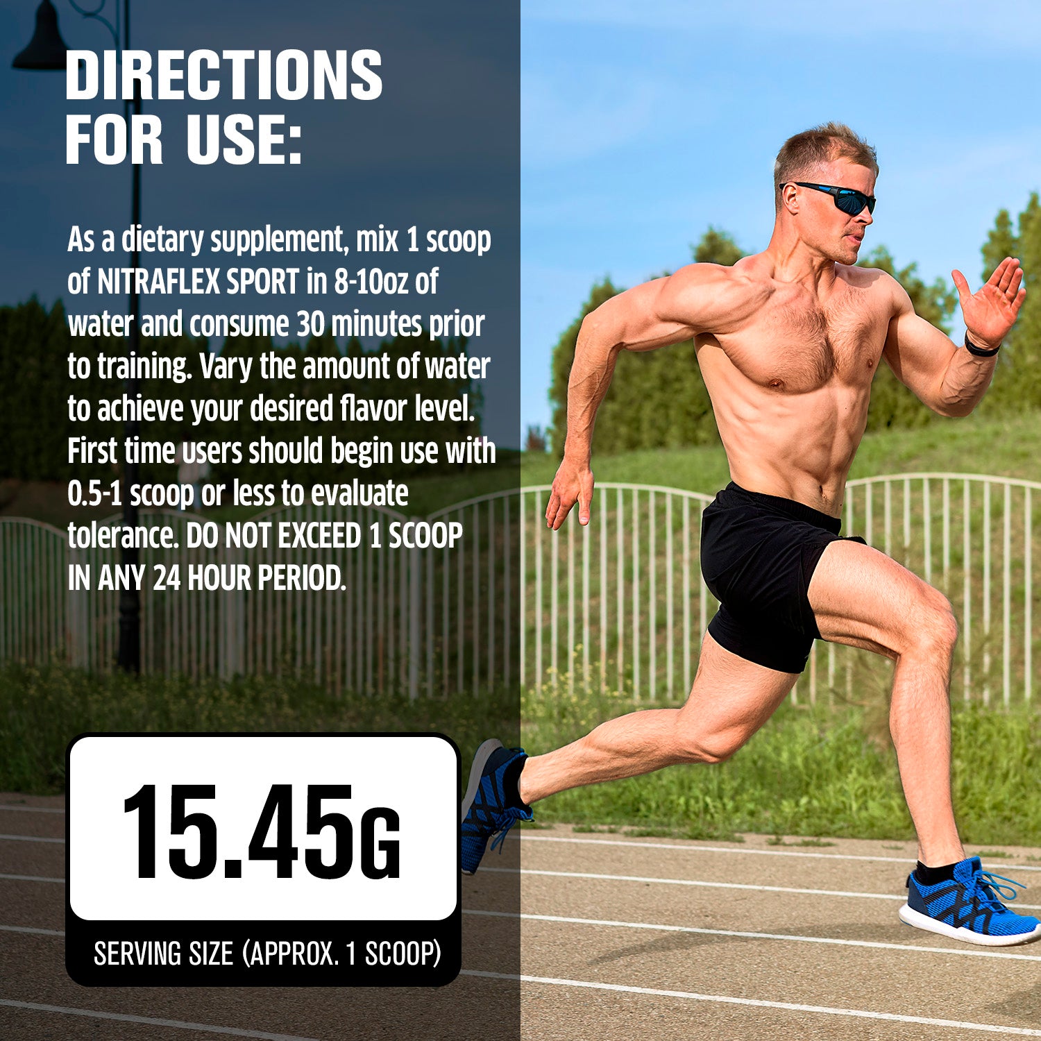 Athlete running on a track with Nitraflex Sport supplement information overlay