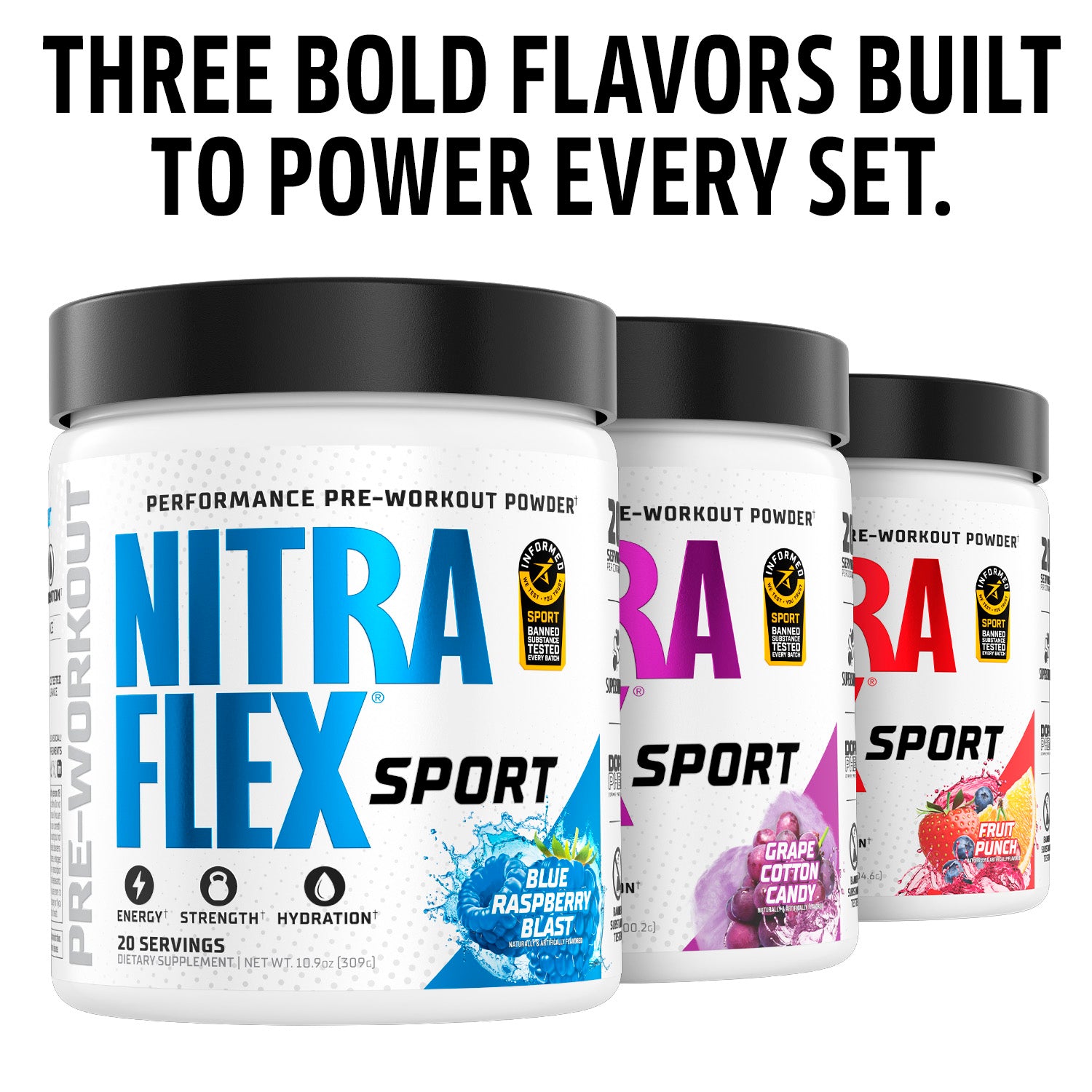 Three containers of Nitra Flex Sport pre-workout powder with colorful labels on a white background.