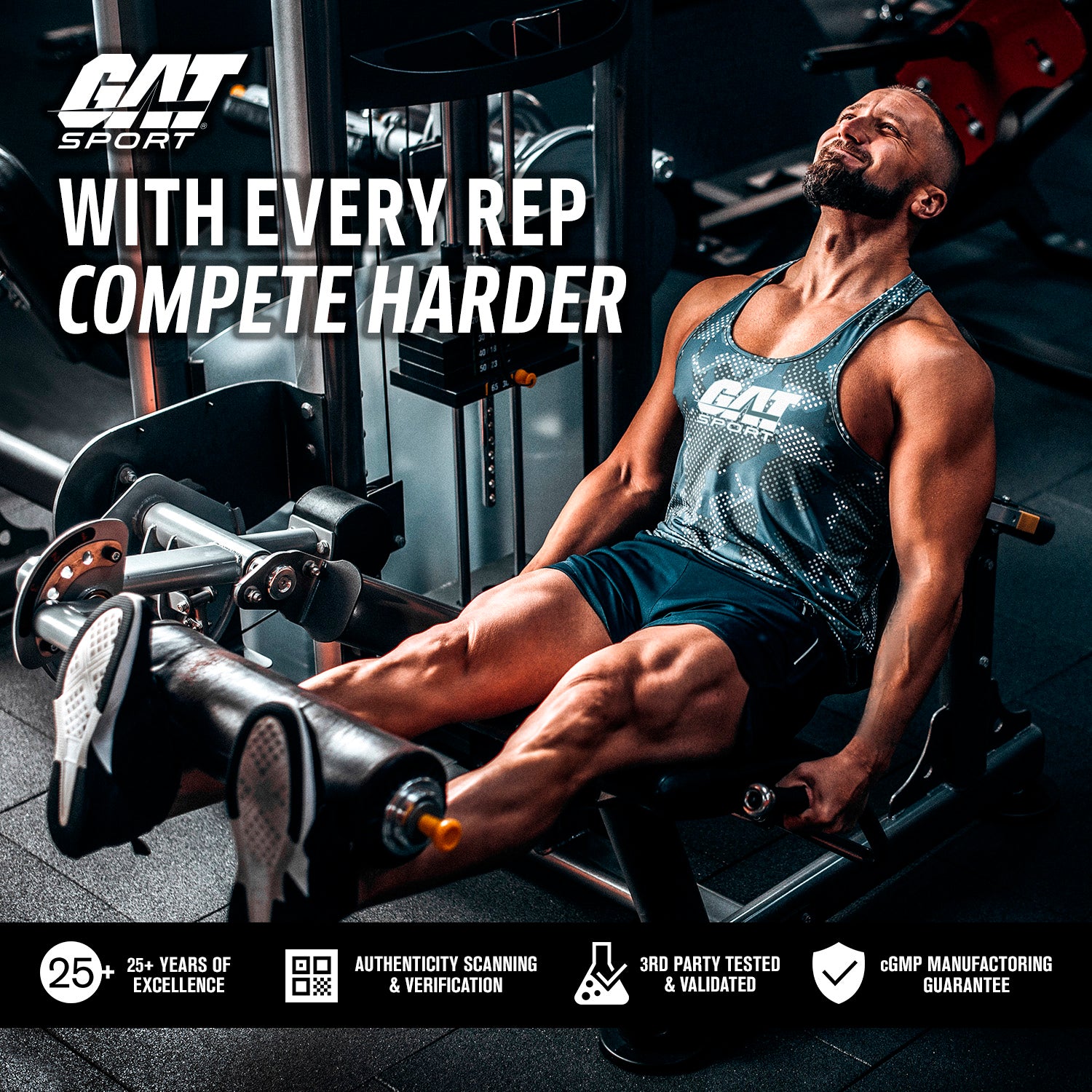 Athlete using leg press machine with 'GAT Sport' branding and promotional text.