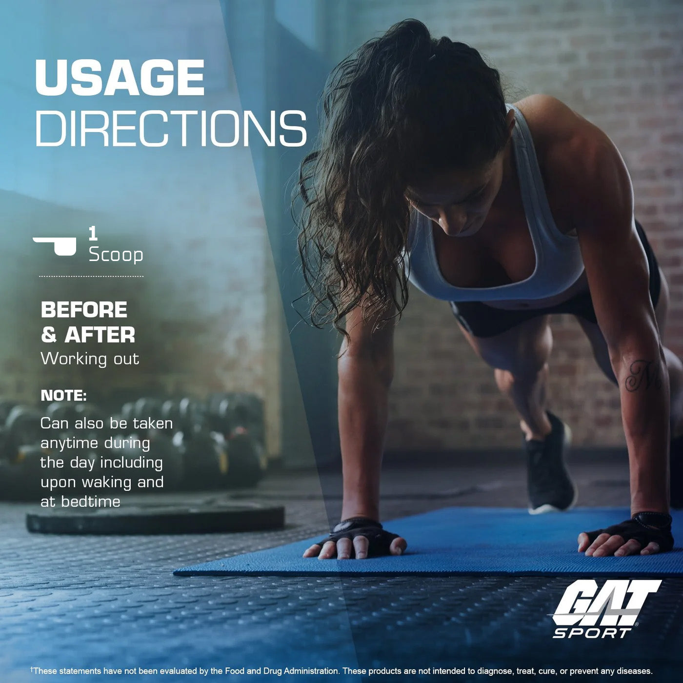Woman exercising on a mat with fitness supplement usage directions overlay