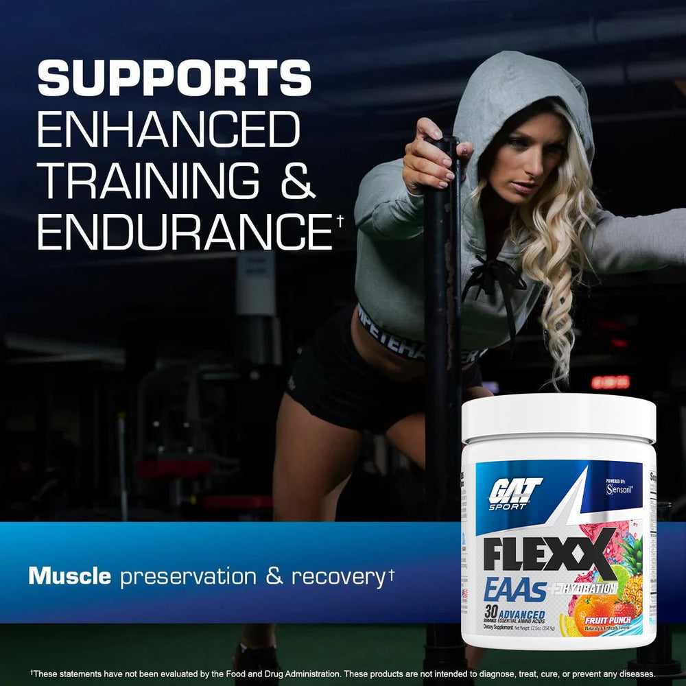 Person holding a pole with GAT Sport Flexx EAAS supplement container in the foreground.