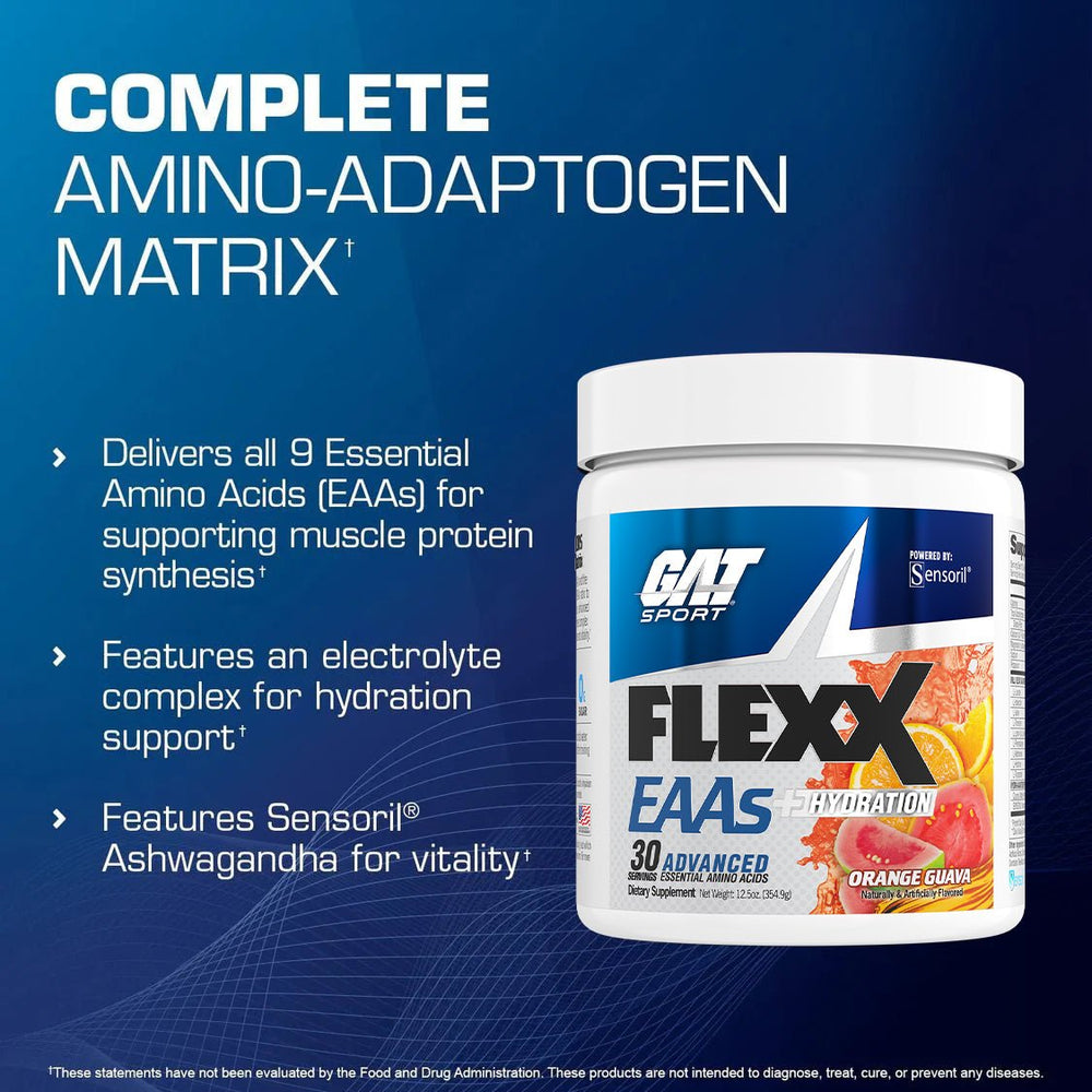 GAT Sport Flexx supplement container with product details on a blue background