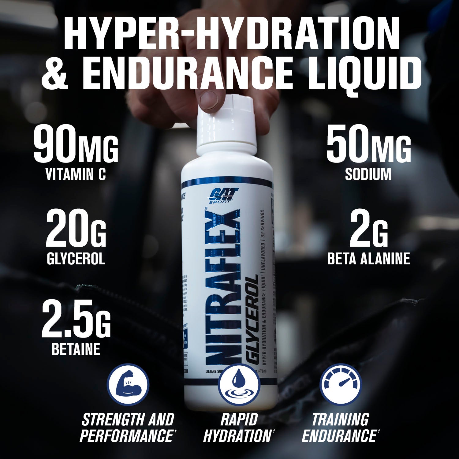 Nitroflex hyper-hydration and endurance liquid bottle held by a hand with product details on a dark background.