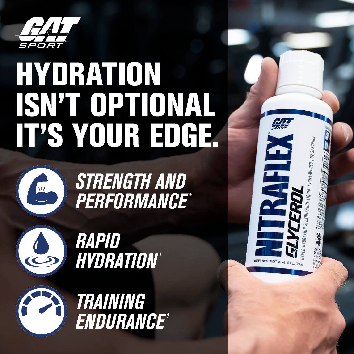 GAT Sport Nitraflex Glycerol supplement bottle held by a person with promotional text about hydration.