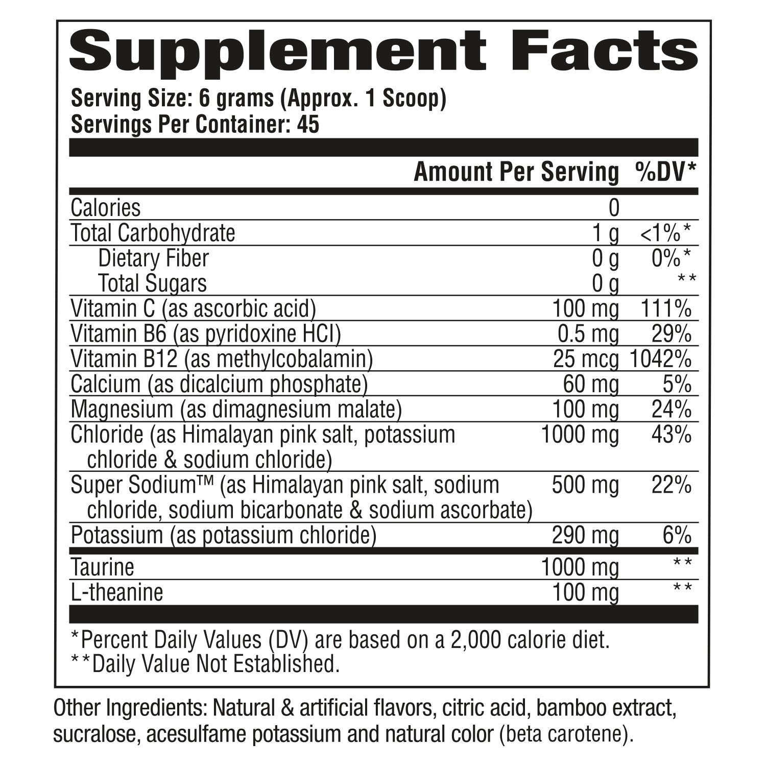 Supplement facts label with detailed nutritional information on a white background