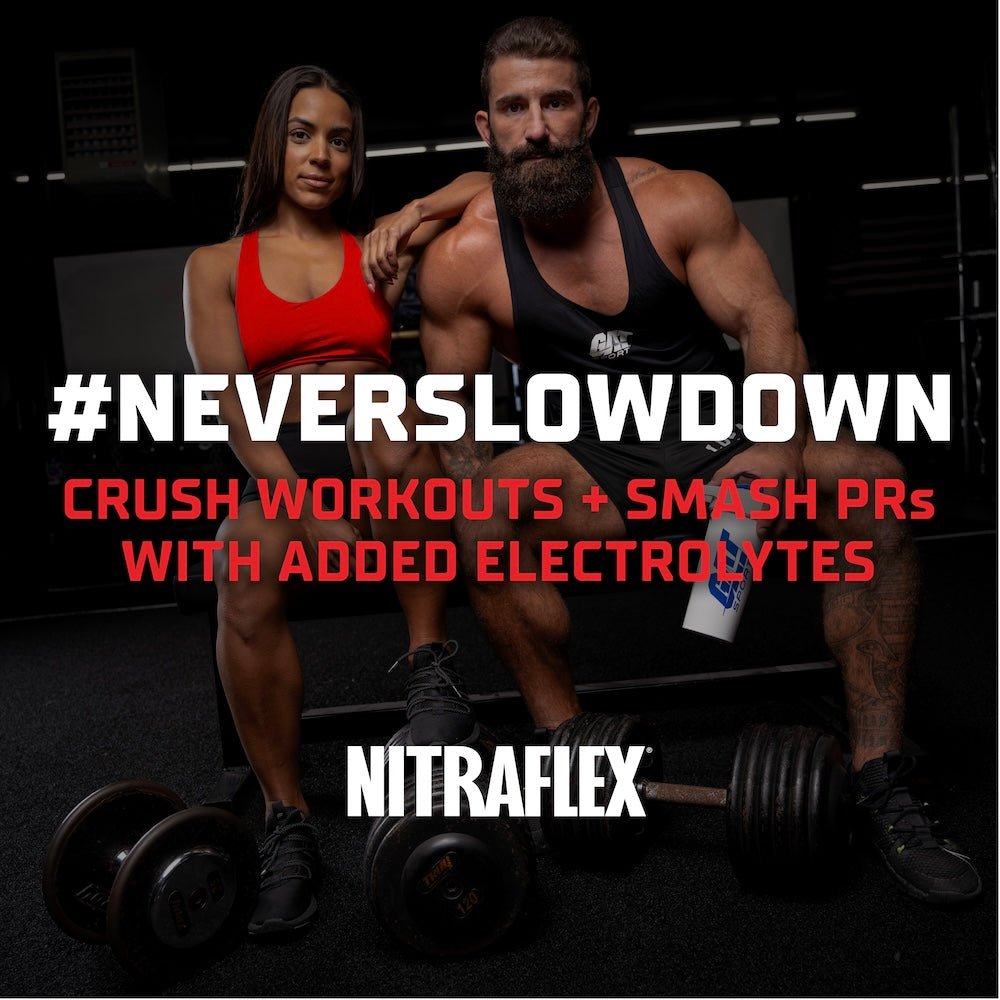 Two muscular individuals in a gym setting with text promoting NITRAFLEX products.