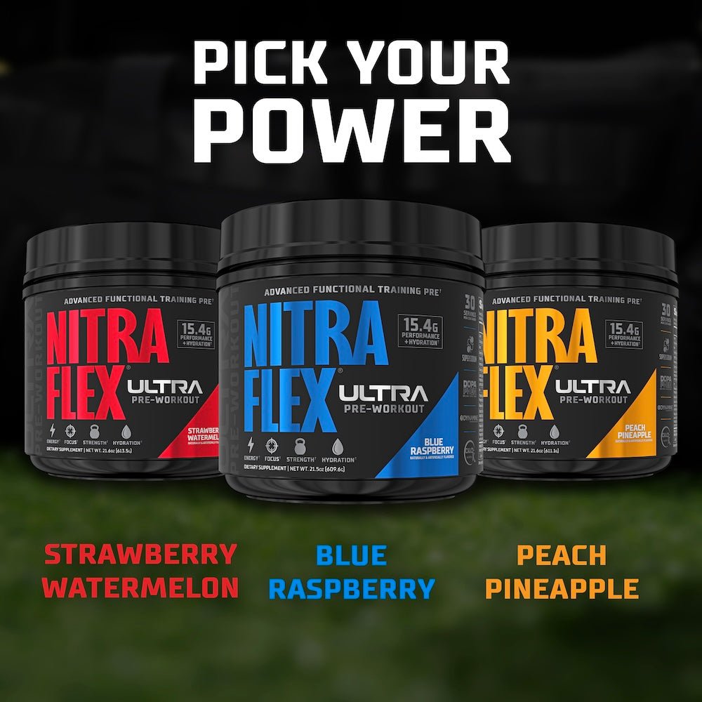Three containers of Nitra Flex Ultra pre-workout with flavor options on a dark background