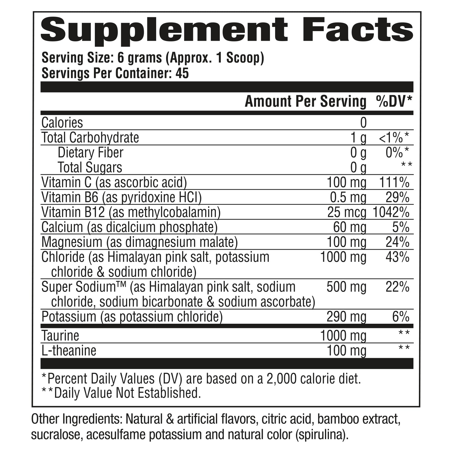 Supplement facts label with detailed nutritional information on a white background