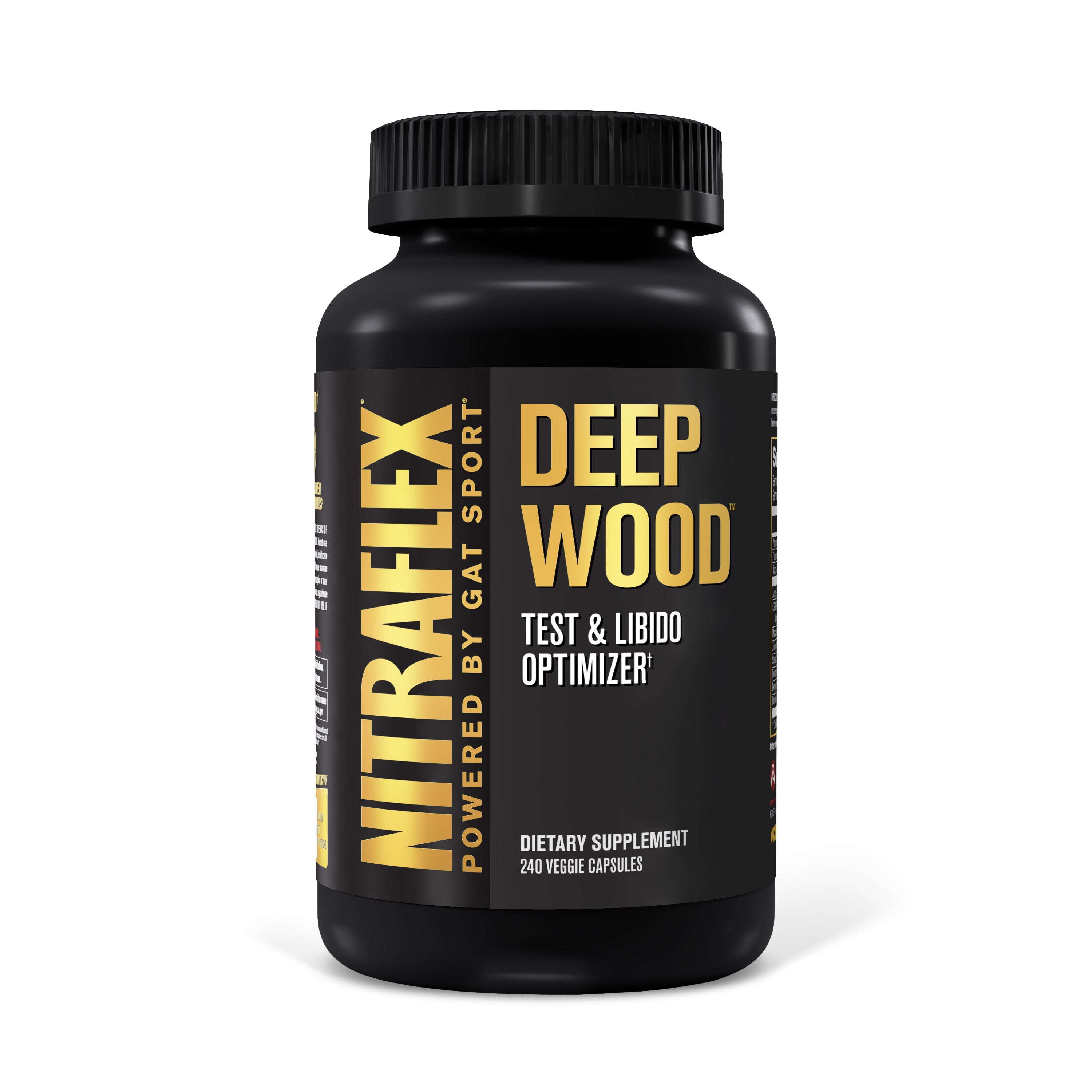 Black supplement bottle labeled 'Nitraflex Deep Wood' on a white background