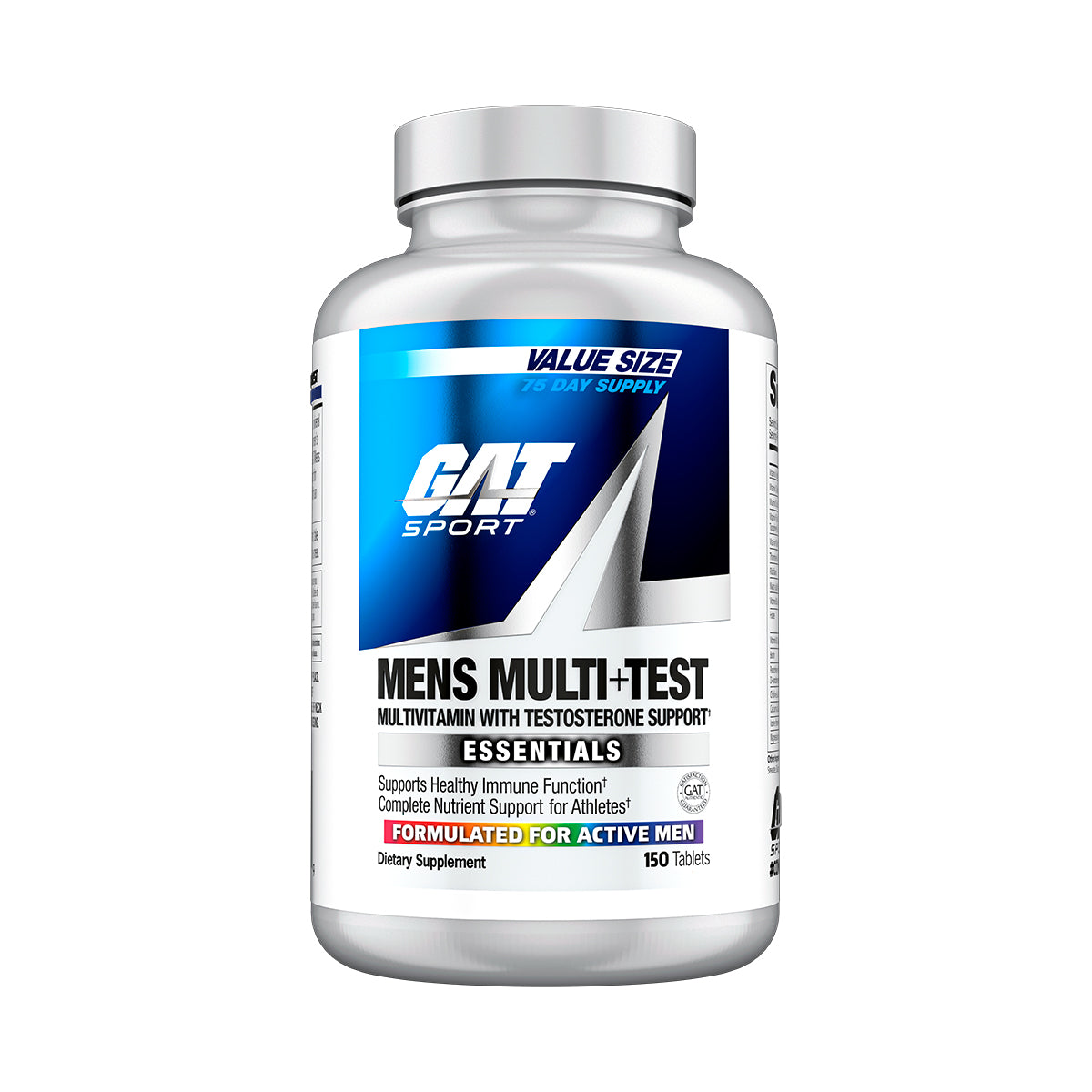 Supplement bottle labeled 'Mens Multi+Test' by GAT Sport on a white background