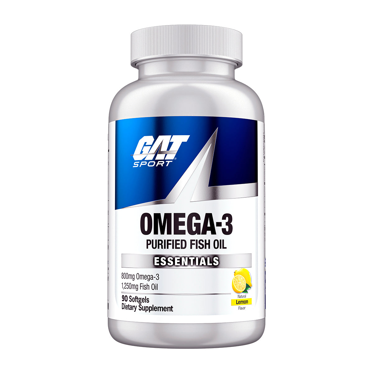 Omega-3 purified fish oil supplement bottle with GAT Sport label on a white background