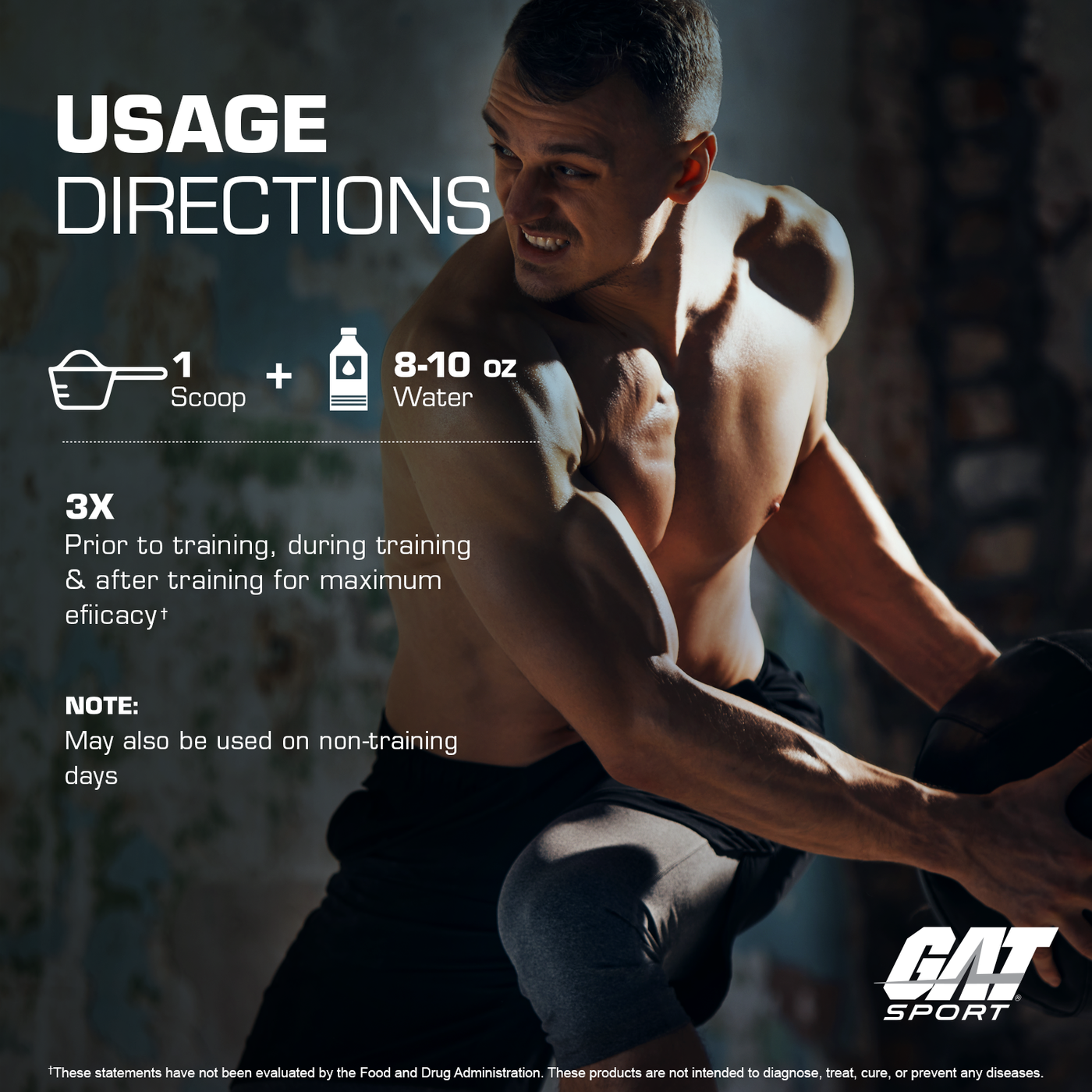 Usage directions for a supplement with a person exercising in the background